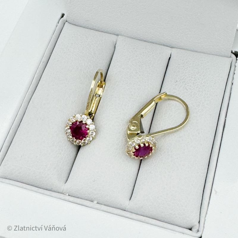 Žluté zlato dívčí náušnice s růžovými zirkony